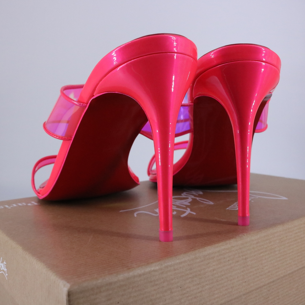 Christian Louboutin 40 Just Loubi 85mm Neon Pink Fluo Barbie PVC Sandals E751 - Picture 7 of 12